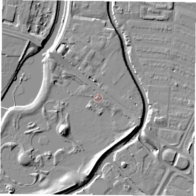 Shaded relief map of the ground around LE45AQ, computed from Environment Agency LiDAR. The ground here sits at about 53 m above sea level and falls 7 m across the surrounding 800 m. Surface water reaching this point runs off ground lying to the south-west, 5.4 m higher.