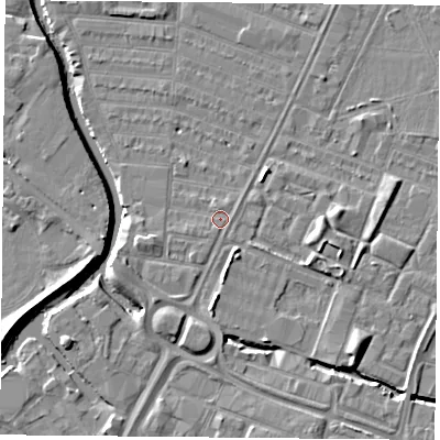 Shaded relief map of the ground around LE45AS, computed from Environment Agency LiDAR. The ground here sits at about 54 m above sea level and falls 7 m across the surrounding 800 m. Surface water reaching this point runs off ground lying to the north, 0.8 m higher.
