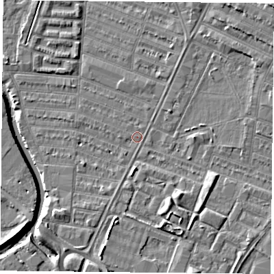 Shaded relief map of the ground around LE45AT, computed from Environment Agency LiDAR. The ground here sits at about 53 m above sea level and falls 8 m across the surrounding 800 m. Surface water reaching this point runs off ground lying to the north-east, 4.9 m higher.