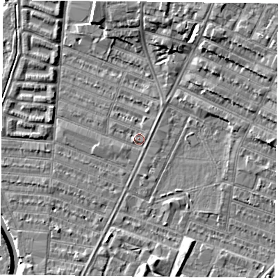 Shaded relief map of the ground around LE45AU, computed from Environment Agency LiDAR. The ground here sits at about 53 m above sea level and falls 9 m across the surrounding 800 m. Surface water reaching this point runs off ground lying to the east-north-east, 0.9 m higher.