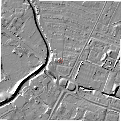 Shaded relief map of the ground around LE45AW, computed from Environment Agency LiDAR. The ground here sits at about 54 m above sea level and falls 7 m across the surrounding 800 m. Surface water reaching this point runs off ground lying to the south-south-east, 2.5 m higher.