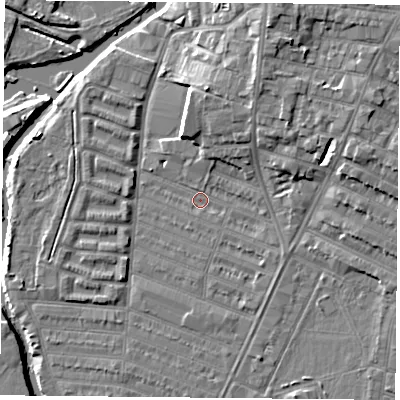 Shaded relief map of the ground around LE45AY, computed from Environment Agency LiDAR. The ground here sits at about 53 m above sea level and falls 10 m across the surrounding 800 m. Surface water reaching this point runs off ground lying to the north-north-east, 6.2 m higher.