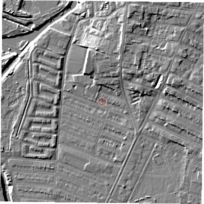 Shaded relief map of the ground around LE45AZ, computed from Environment Agency LiDAR. The ground here sits at about 53 m above sea level and falls 10 m across the surrounding 800 m. Surface water reaching this point runs off ground lying to the north-north-east, 6.2 m higher.