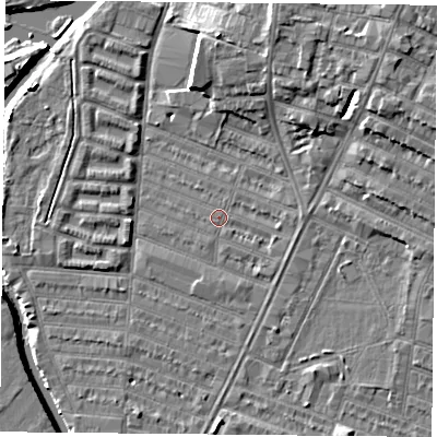 Shaded relief map of the ground around LE45BA, computed from Environment Agency LiDAR. The ground here sits at about 53 m above sea level and falls 9 m across the surrounding 800 m. Surface water reaching this point runs off ground lying to the east, 1.3 m higher.