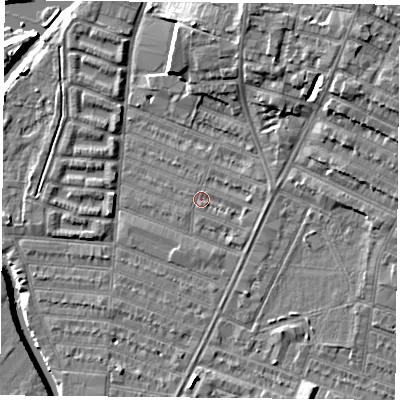 Shaded relief map of the ground around LE45BB, computed from Environment Agency LiDAR. The ground here sits at about 53 m above sea level and falls 9 m across the surrounding 800 m. Surface water reaching this point runs off ground lying to the east, 1.2 m higher.