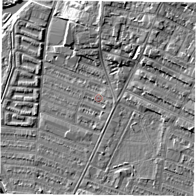 Shaded relief map of the ground around LE45BD, computed from Environment Agency LiDAR. The ground here sits at about 53 m above sea level and falls 9 m across the surrounding 800 m. Surface water reaching this point runs off ground lying to the east-south-east, 1.1 m higher.