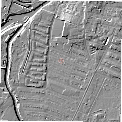 Shaded relief map of the ground around LE45BE, computed from Environment Agency LiDAR. The ground here sits at about 53 m above sea level and falls 11 m across the surrounding 800 m. Surface water reaching this point runs off ground lying to the east-south-east, 0.7 m higher.