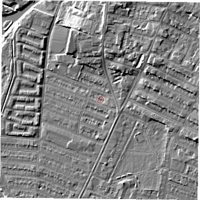 Shaded relief map of the ground around LE45BF, computed from Environment Agency LiDAR. The ground here sits at about 53 m above sea level and falls 10 m across the surrounding 800 m. Surface water reaching this point runs off ground lying to the east-south-east, 1.0 m higher.