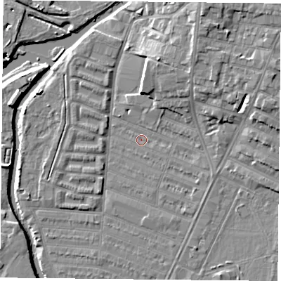 Shaded relief map of the ground around LE45BG, computed from Environment Agency LiDAR. The ground here sits at about 52 m above sea level and falls 11 m across the surrounding 800 m. Surface water reaching this point runs off ground lying to the east-south-east, 1.8 m higher.