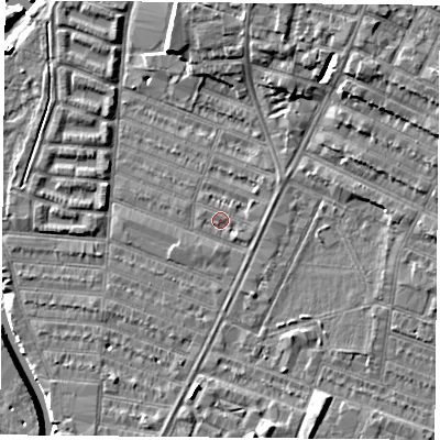 Shaded relief map of the ground around LE45BH, computed from Environment Agency LiDAR. The ground here sits at about 53 m above sea level and falls 9 m across the surrounding 800 m. Surface water reaching this point runs off ground lying to the east-south-east, 0.9 m higher.