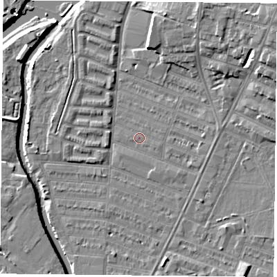 Shaded relief map of the ground around LE45BJ, computed from Environment Agency LiDAR. The ground here sits at about 53 m above sea level and falls 10 m across the surrounding 800 m. Surface water reaching this point runs off ground lying to the east-south-east, 0.6 m higher.