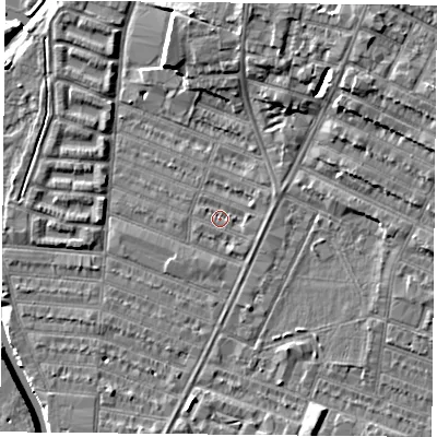 Shaded relief map of the ground around LE45BL, computed from Environment Agency LiDAR. The ground here sits at about 53 m above sea level and falls 9 m across the surrounding 800 m. Surface water reaching this point runs off ground lying to the east, 1.2 m higher.