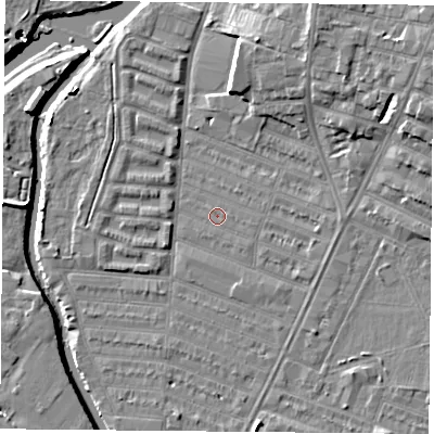 Shaded relief map of the ground around LE45BN, computed from Environment Agency LiDAR. The ground here sits at about 52 m above sea level and falls 10 m across the surrounding 800 m. Surface water reaching this point runs off ground lying to the south-east, 0.6 m higher.