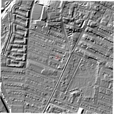 Shaded relief map of the ground around LE45BS, computed from Environment Agency LiDAR. The ground here sits at about 53 m above sea level and falls 9 m across the surrounding 800 m. Surface water reaching this point runs off ground lying to the east, 1.2 m higher.