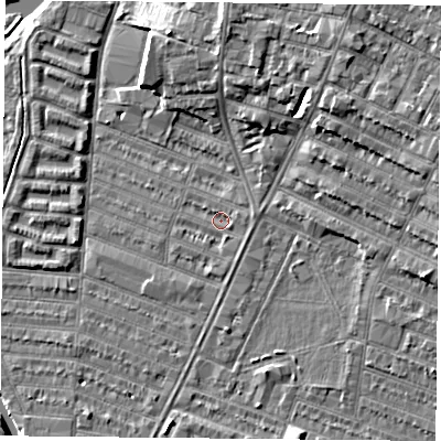 Shaded relief map of the ground around LE45BT, computed from Environment Agency LiDAR. The ground here sits at about 53 m above sea level and falls 9 m across the surrounding 800 m. Surface water reaching this point runs off ground lying to the east, 0.9 m higher.