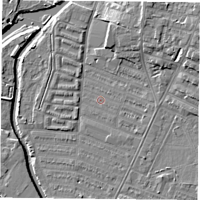 Shaded relief map of the ground around LE45BU, computed from Environment Agency LiDAR. The ground here sits at about 53 m above sea level and falls 10 m across the surrounding 800 m. Surface water reaching this point runs off ground lying to the east, 1.6 m higher.