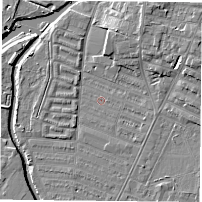 Shaded relief map of the ground around LE45BW, computed from Environment Agency LiDAR. The ground here sits at about 53 m above sea level and falls 10 m across the surrounding 800 m. Surface water reaching this point runs off ground lying to the east-south-east, 1.6 m higher.