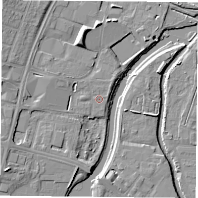 Shaded relief map of the ground around LE45EL, computed from Environment Agency LiDAR. The ground here sits at about 54 m above sea level and falls 11 m across the surrounding 800 m. Surface water reaching this point runs off ground lying to the north-east, 1.3 m higher.