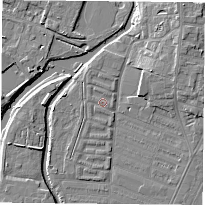 Shaded relief map of the ground around LE45FD, computed from Environment Agency LiDAR. The ground here sits at about 53 m above sea level and falls 11 m across the surrounding 800 m. Surface water reaching this point runs off ground lying to the north-north-east, 0.8 m higher.