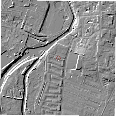 Shaded relief map of the ground around LE45FF, computed from Environment Agency LiDAR. The ground here sits at about 53 m above sea level and falls 11 m across the surrounding 800 m. Surface water reaching this point runs off ground lying to the west, 0.8 m higher.