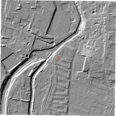 Shaded relief map of the ground around LE45FG, computed from Environment Agency LiDAR. The ground here sits at about 53 m above sea level and falls 11 m across the surrounding 800 m. Surface water reaching this point runs off ground lying to the east-south-east, 0.8 m higher.
