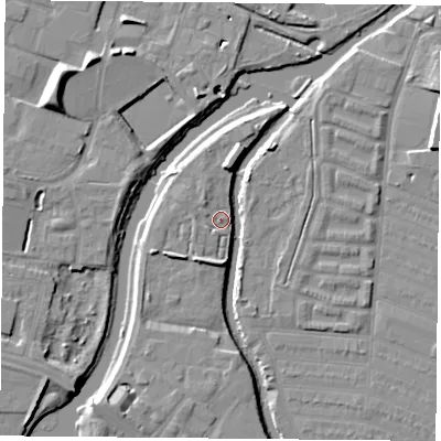 Shaded relief map of the ground around LE45FL, computed from Environment Agency LiDAR. The ground here sits at about 54 m above sea level and falls 11 m across the surrounding 800 m. Surface water reaching this point runs off ground lying to the south, 5.1 m higher.