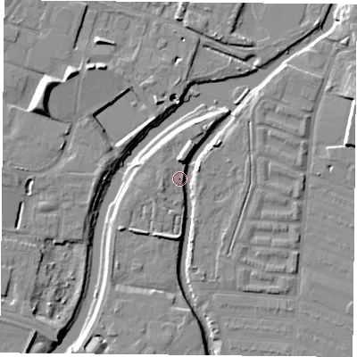 Shaded relief map of the ground around LE45FR, computed from Environment Agency LiDAR. The ground here sits at about 53 m above sea level and falls 11 m across the surrounding 800 m. Surface water reaching this point runs off ground lying to the north-north-east, 5.9 m higher.