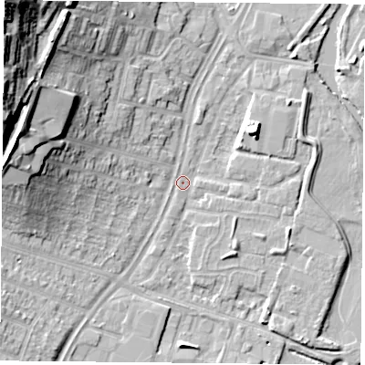Shaded relief map of the ground around LE45FS, computed from Environment Agency LiDAR. The ground here sits at about 52 m above sea level and falls 32 m across the surrounding 800 m. Surface water reaching this point runs off ground lying to the west, 13.1 m higher.
