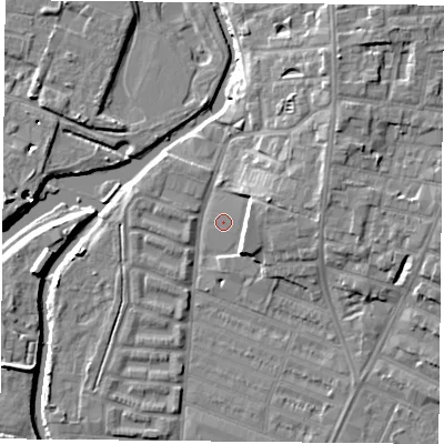 Shaded relief map of the ground around LE45FT, computed from Environment Agency LiDAR. The ground here sits at about 53 m above sea level and falls 11 m across the surrounding 800 m. The ground contributing surface water to this point lies to the east.
