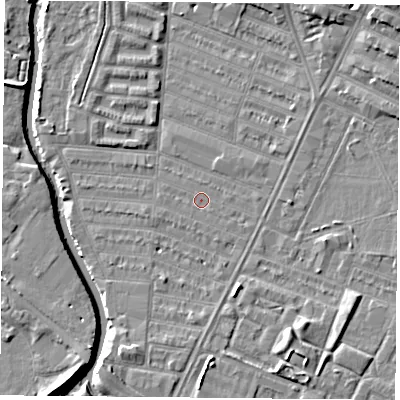 Shaded relief map of the ground around LE45GA, computed from Environment Agency LiDAR. The ground here sits at about 53 m above sea level and falls 8 m across the surrounding 800 m. Surface water reaching this point runs off ground lying to the south-south-east, 0.5 m higher.