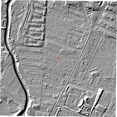 Shaded relief map of the ground around LE45GB, computed from Environment Agency LiDAR. The ground here sits at about 53 m above sea level and falls 9 m across the surrounding 800 m. Surface water reaching this point runs off ground lying to the east, 0.6 m higher.