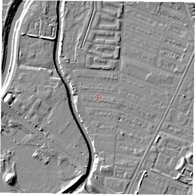 Shaded relief map of the ground around LE45GD, computed from Environment Agency LiDAR. The ground here sits at about 53 m above sea level and falls 7 m across the surrounding 800 m. Surface water reaching this point runs off ground lying to the east-south-east, 0.9 m higher.