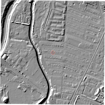 Shaded relief map of the ground around LE45GE, computed from Environment Agency LiDAR. The ground here sits at about 53 m above sea level and falls 7 m across the surrounding 800 m. Surface water reaching this point runs off ground lying to the south-east, 0.9 m higher.