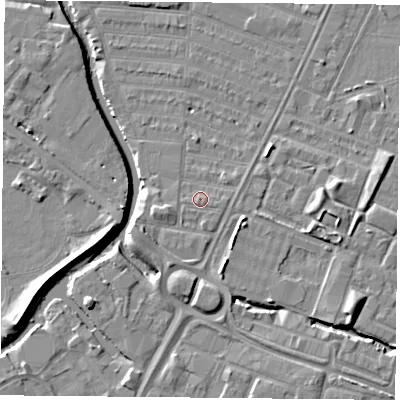 Shaded relief map of the ground around LE45GF, computed from Environment Agency LiDAR. The ground here sits at about 53 m above sea level and falls 7 m across the surrounding 800 m. Surface water reaching this point runs off ground lying to the south, 2.5 m higher.