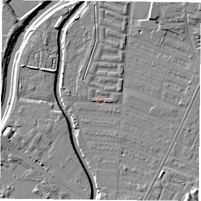 Shaded relief map of the ground around LE45GG, computed from Environment Agency LiDAR. The ground here sits at about 53 m above sea level and falls 8 m across the surrounding 800 m. Surface water reaching this point runs off ground lying to the north-north-west, 0.8 m higher.