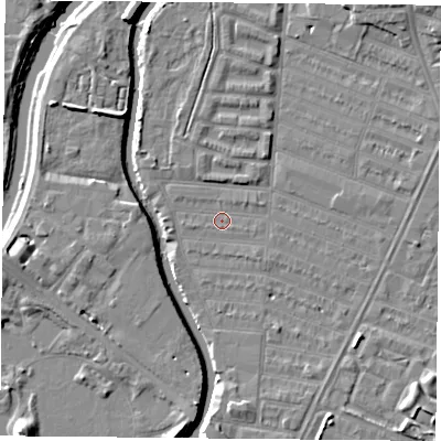 Shaded relief map of the ground around LE45GH, computed from Environment Agency LiDAR. The ground here sits at about 53 m above sea level and falls 7 m across the surrounding 800 m. Surface water reaching this point runs off ground lying to the north-east, 0.8 m higher.