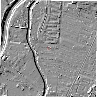 Shaded relief map of the ground around LE45GJ, computed from Environment Agency LiDAR. The ground here sits at about 52 m above sea level and falls 8 m across the surrounding 800 m. Surface water reaching this point runs off ground lying to the east, 0.8 m higher.