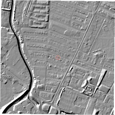 Shaded relief map of the ground around LE45GL, computed from Environment Agency LiDAR. The ground here sits at about 53 m above sea level and falls 7 m across the surrounding 800 m. Surface water reaching this point runs off ground lying to the south-south-east, 4.7 m higher.