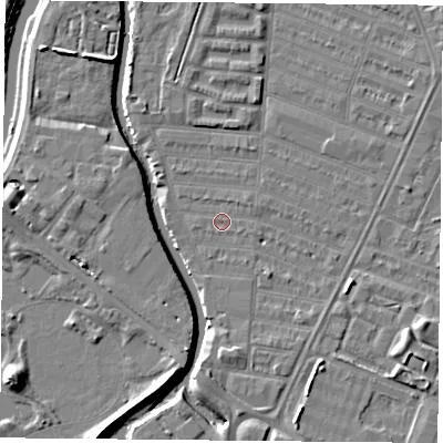 Shaded relief map of the ground around LE45GN, computed from Environment Agency LiDAR. The ground here sits at about 53 m above sea level and falls 7 m across the surrounding 800 m. Surface water reaching this point runs off ground lying to the south-east, 1.2 m higher.