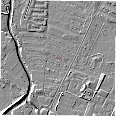 Shaded relief map of the ground around LE45GP, computed from Environment Agency LiDAR. The ground here sits at about 53 m above sea level and falls 7 m across the surrounding 800 m. Surface water reaching this point runs off ground lying to the north-east, 4.8 m higher.