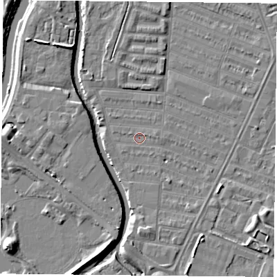 Shaded relief map of the ground around LE45GQ, computed from Environment Agency LiDAR. The ground here sits at about 52 m above sea level and falls 7 m across the surrounding 800 m. Surface water reaching this point runs off ground lying to the south-east, 1.2 m higher.