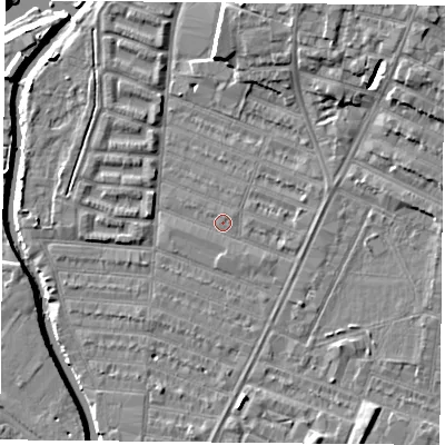 Shaded relief map of the ground around LE45GR, computed from Environment Agency LiDAR. The ground here sits at about 53 m above sea level and falls 9 m across the surrounding 800 m. Surface water reaching this point runs off ground lying to the east, 1.4 m higher.
