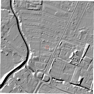Shaded relief map of the ground around LE45GT, computed from Environment Agency LiDAR. The ground here sits at about 53 m above sea level and falls 7 m across the surrounding 800 m. Surface water reaching this point runs off ground lying to the east-south-east, 1.1 m higher.