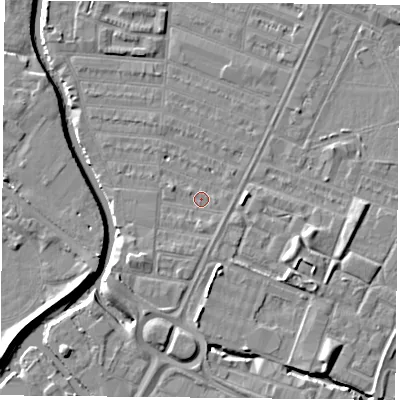 Shaded relief map of the ground around LE45GU, computed from Environment Agency LiDAR. The ground here sits at about 53 m above sea level and falls 7 m across the surrounding 800 m. Surface water reaching this point runs off ground lying to the south-south-east, 1.0 m higher.