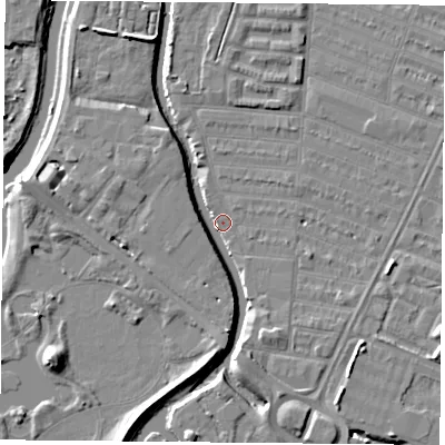 Shaded relief map of the ground around LE45GW, computed from Environment Agency LiDAR. The ground here sits at about 52 m above sea level and falls 7 m across the surrounding 800 m. Surface water reaching this point runs off ground lying to the south, 5.1 m higher.
