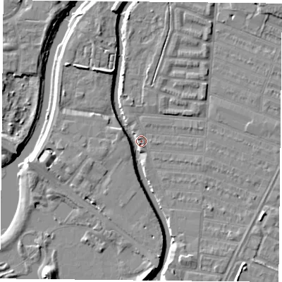 Shaded relief map of the ground around LE45GX, computed from Environment Agency LiDAR. The ground here sits at about 53 m above sea level and falls 7 m across the surrounding 800 m. Surface water reaching this point runs off ground lying to the north-north-west, 5.9 m higher.