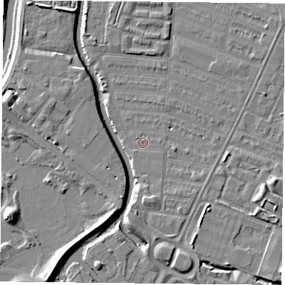 Shaded relief map of the ground around LE45GY, computed from Environment Agency LiDAR. The ground here sits at about 53 m above sea level and falls 7 m across the surrounding 800 m. Surface water reaching this point runs off ground lying to the south-south-east, 3.1 m higher.