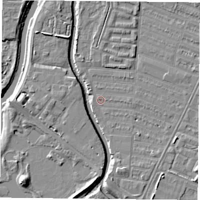 Shaded relief map of the ground around LE45GZ, computed from Environment Agency LiDAR. The ground here sits at about 52 m above sea level and falls 7 m across the surrounding 800 m. Surface water reaching this point runs off ground lying to the south-east, 1.4 m higher.