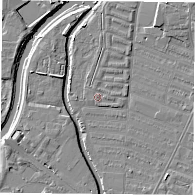 Shaded relief map of the ground around LE45HB, computed from Environment Agency LiDAR. The ground here sits at about 53 m above sea level and falls 9 m across the surrounding 800 m. Surface water reaching this point runs off ground lying to the north-north-east, 0.8 m higher.