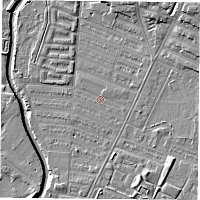 Shaded relief map of the ground around LE45HD, computed from Environment Agency LiDAR. The ground here sits at about 53 m above sea level and falls 9 m across the surrounding 800 m. Surface water reaching this point runs off ground lying to the east-north-east, 0.9 m higher.